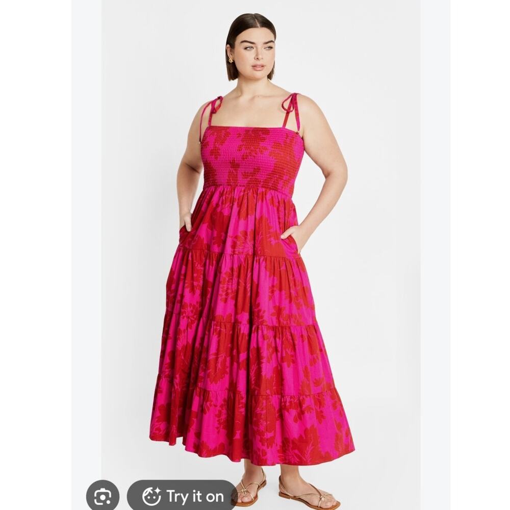 City Chic Marli Print Maxi Dress Magenta Red Floral XXL 2X Smocked Square Neck
